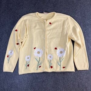 Tia Designs Yellow Cotton Cardigan Daisy Ladybug Embroidered L USA Cottagecore